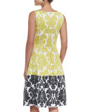 Damask Knit V-Neck Dress, Blanco/Multi