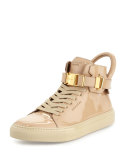 Women's 100mm Belted Patent High-Top Sneaker, Nude