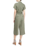 Short-Sleeve Button-Front Culotte Jumpsuit, Green