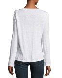 Pintuck Long-Sleeve Linen Tee, Blanc