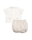 Short-Sleeve Piped Linen Shirt w/ Bubble Shorts, Beige, Size 3M-3