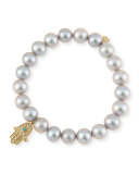 Gray Pearl Bracelet w/ 14K Yellow Gold Hamsa Charm