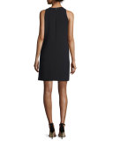 Sleeveless Crepe Tile-Print Shift Dress, Black