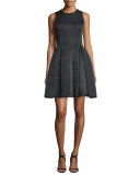 Sleeveless Pleated Fit-and-Flare Dress, Black
