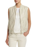Zip-Front Leather Vest W/Monili Trim, Oat