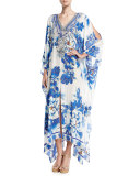 Split-Detail Embellished Silk Caftan Coverup, Ring of Roses