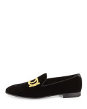 Manhattan Velvet Loafer with Gancini Embroidery, Black