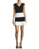 Cap-Sleeve Colorblock Skater Dress, Black/White