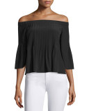 Pintucked Silk Off-the-Shoulder Top, Black