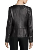 Jewel-Neck Leather Peplum Jacket, Black
