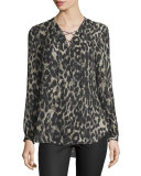 Long-Sleeve Silk Leopard Blouse, Clinton Leopard