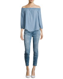 Lasered Rose-Print Skinny Ankle Jeans