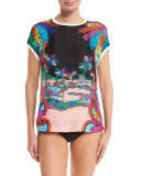 Palm Tree Cap-Sleeve Tee, Black/Multi