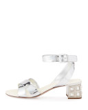 Metallic Leather Jewel-Heel Sandal, Silver (Argento)