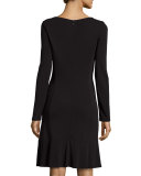 Long-Sleeve Ruffle-Hem Jersey Dress, Black