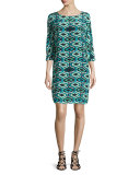 3/4-Sleeve Geometric-Print Silk Shift Dress, Teal