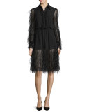 Tiered Ostrich-Feather Long-Sleeve Dress, Black