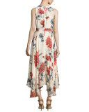 Sleeveless Lace-Up Floral Silk Midi Dress, Lincoln