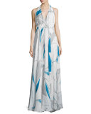 Abstract-Print Chiffon Halter Gown