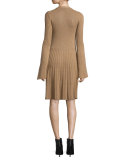 Bell-Sleeve Cashmere Cardigan Dress, Camel