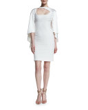 Cape-Sleeve Asymmetric-Neck Silk Dress, White