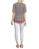 Short-Sleeve Tassel-Tie Printed Blouse 