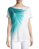 Palm-Print Jersey Dolman Tee, Bianco/Laguna