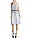 Sleeveless Fit-and-Flare Dash Dress, White/Navy