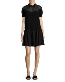 Short-Sleeve Scalloped Stone Crepe Dress, Black