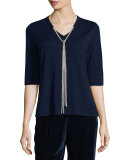 Chain-Trimmed Half-Sleeve Wool Sweater, Galaxy Blue