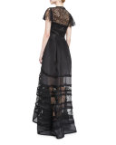 Lace-Inset Short-Sleeve Ball Gown, Black
