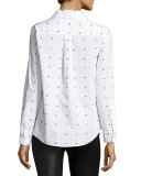 Long-Sleeve Poplin Swallow-Print Blouse, White