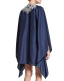 Long-Sleeve Embroidered-Neck Caftan Dress, Navy