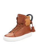 125mm High-Top Leather Sneaker with Padlock, Tan/Navy