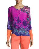 Paisley-Print Shell & Cardigan Set, Magenta/Purple