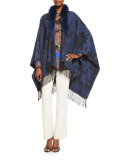 Paisley Fringe Cape with Fur Collar, Navy