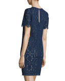 Short-Sleeve Lace Sheath Dress, Indigo