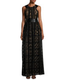 Sleeveless Grecian Tulle Overlay Gown, Black