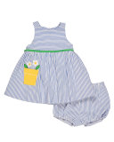 Sleeveless Striped Seersucker Dress w/ Bloomers, Blue, Size 3-24 Months