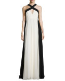 Sleeveless Colorblock Chiffon Gown, Chalk/Black