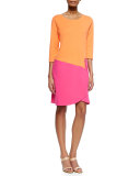3/4-Sleeve Colorblock Dress, Fuchsia/Coral  
