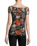 Short-Sleeve Embroidered Floral Tulle Top