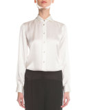 Long-Sleeve Satin Button Blouse