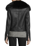 Pomono Merino Silky Leather Shearling-Lined Jacket w/Fox Fur Collar