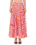 Printed Pull-On Maxi Skirt, Pink/Orange
