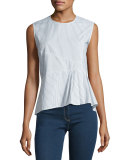 Sleeveless Striped Peplum Shirting Top, Black/White