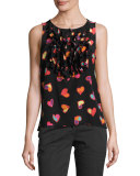 Sleeveless Ruffled Heart-Print Blouse, Black