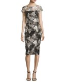 Short-Sleeve Floral Mesh Sheath Dress, Multicolor