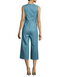 Saddle-Stud Linen-Blend Denim Jumpsuit