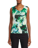 Scoop-Neck Leaf-Print Tank, Multi/Green